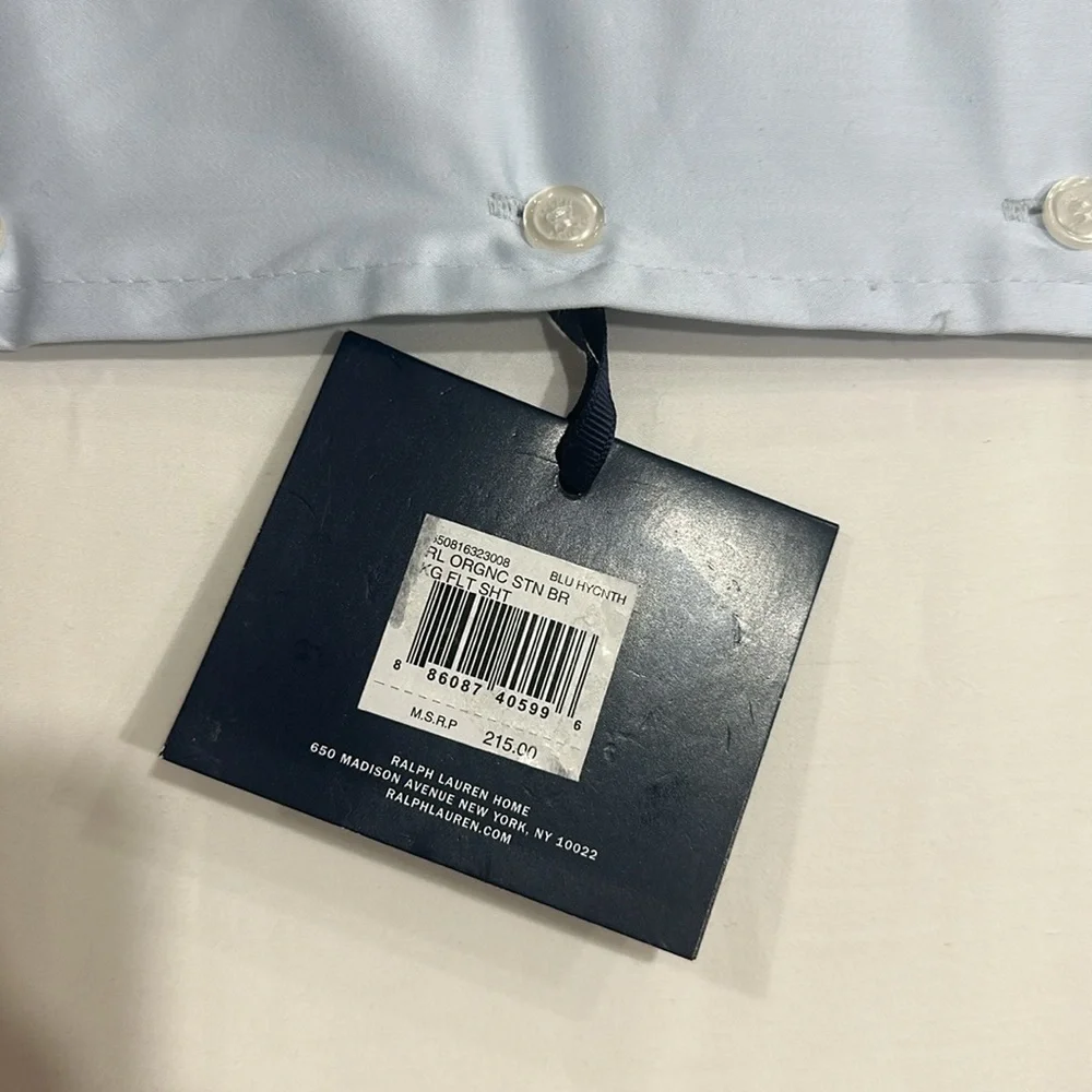 Ralph Lauren RL Organic Sateen Border King Flat Sheet Blue NWT $215